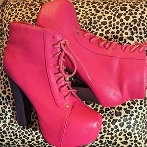 Fuschia Hot Pink Square Toed Platform Booties 5" heel